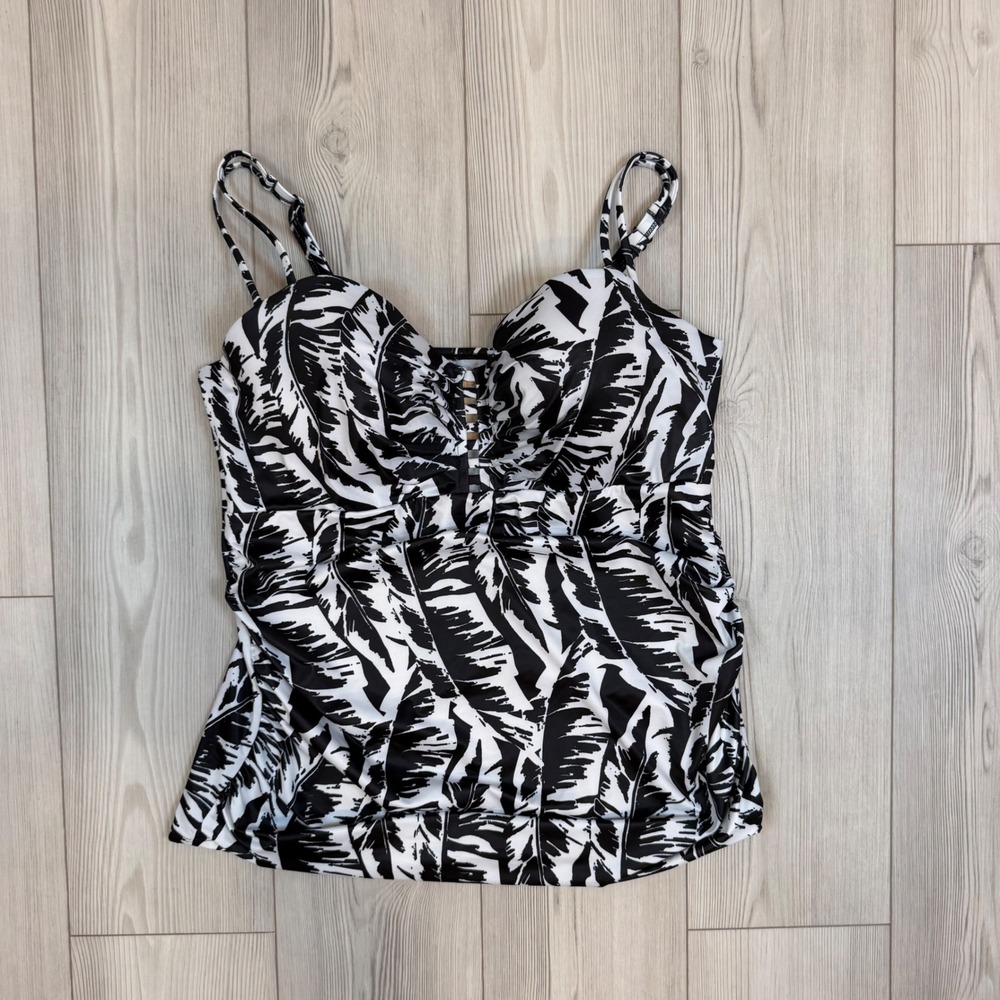 Cacique Lane Bryant Palm Print Balconette Tankini Top Black White 42DD NEW